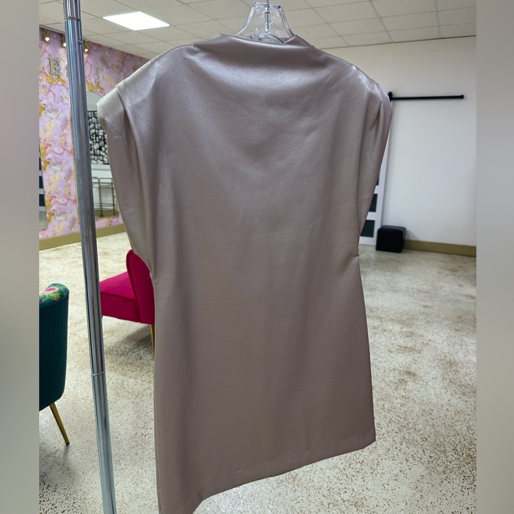 Glam Tan Cap Sleeve Mock Neck Backless Dress